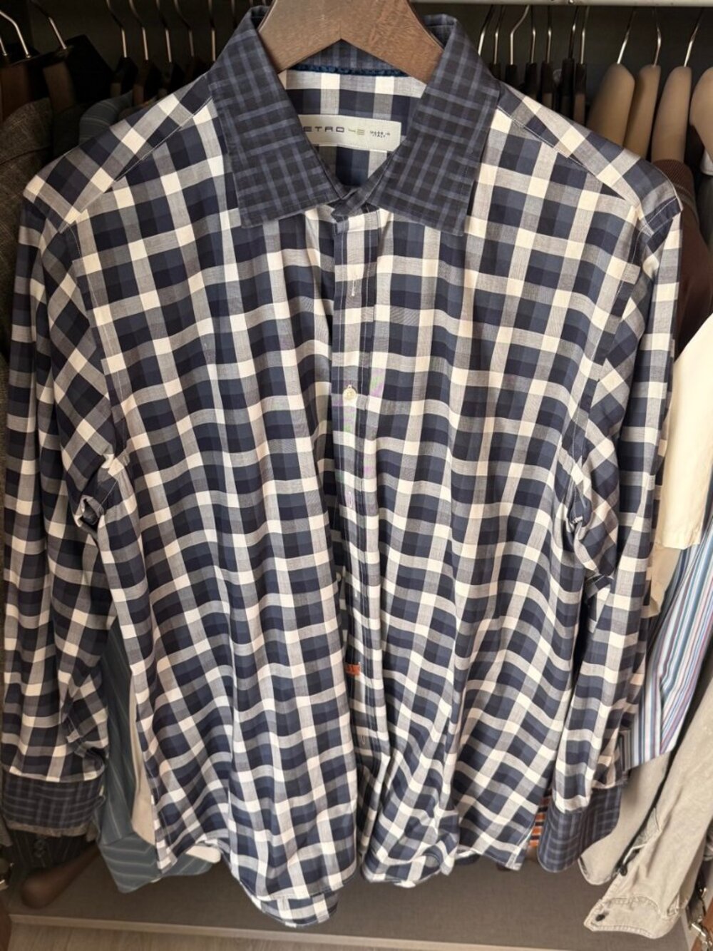 Etro Navy Gingham Check Dress Shirt – Neck 16.5 Made in Italy
